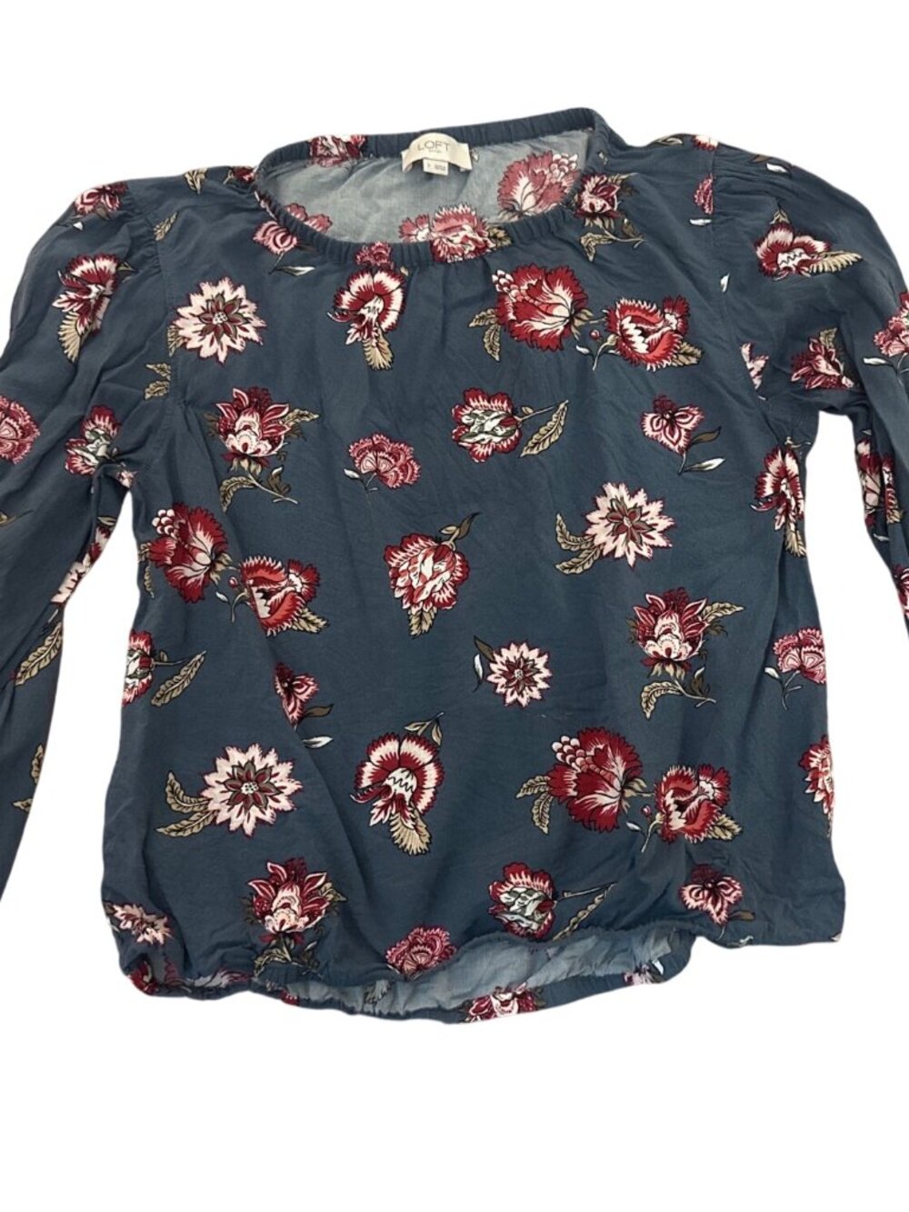 LOFT Outlet Women's Blouse Top S Floral Long-Sleeve Blue Red Cottage Core